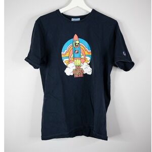 Champion Graphic T-Shirt Mens Medium Navy Blue Good Alien Rocket‎ Ship Tee